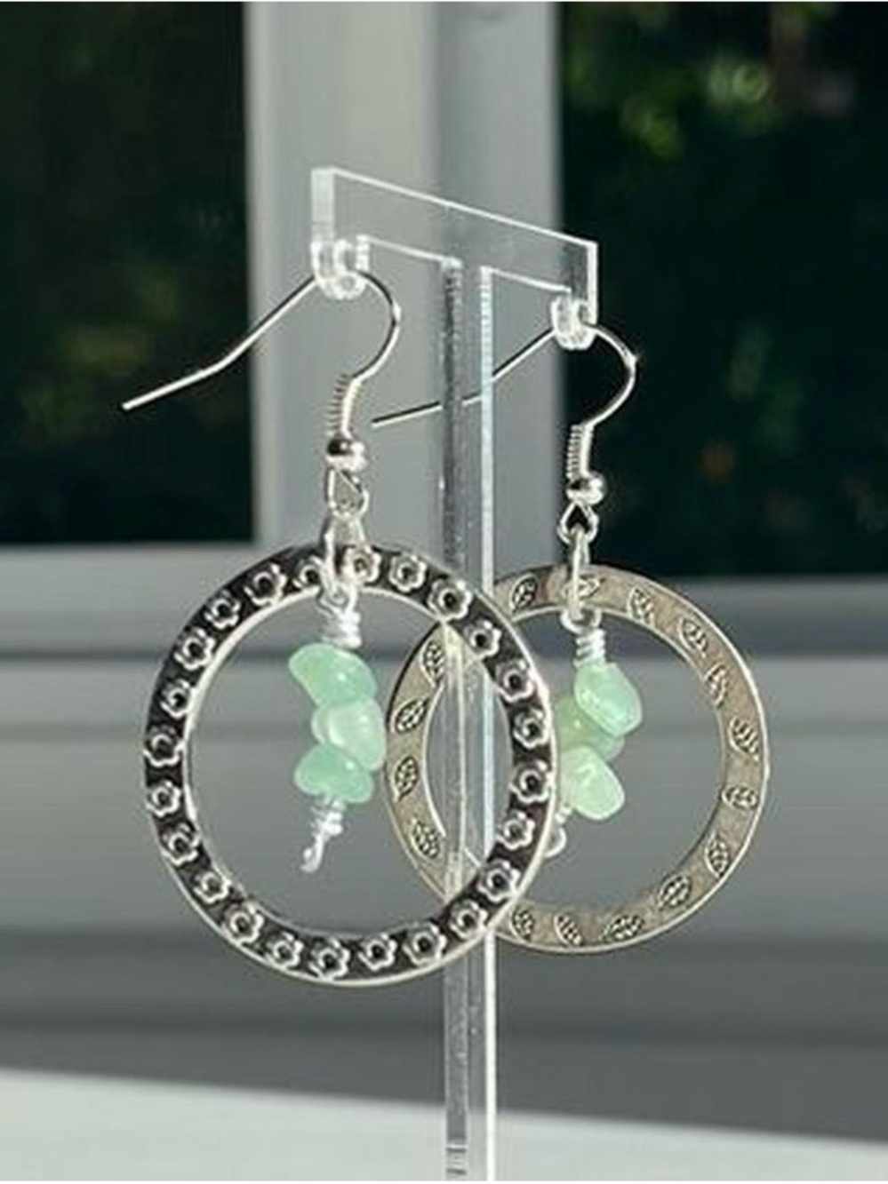 Handcrafted Silver Earrings with Green adventuring dangling Beads